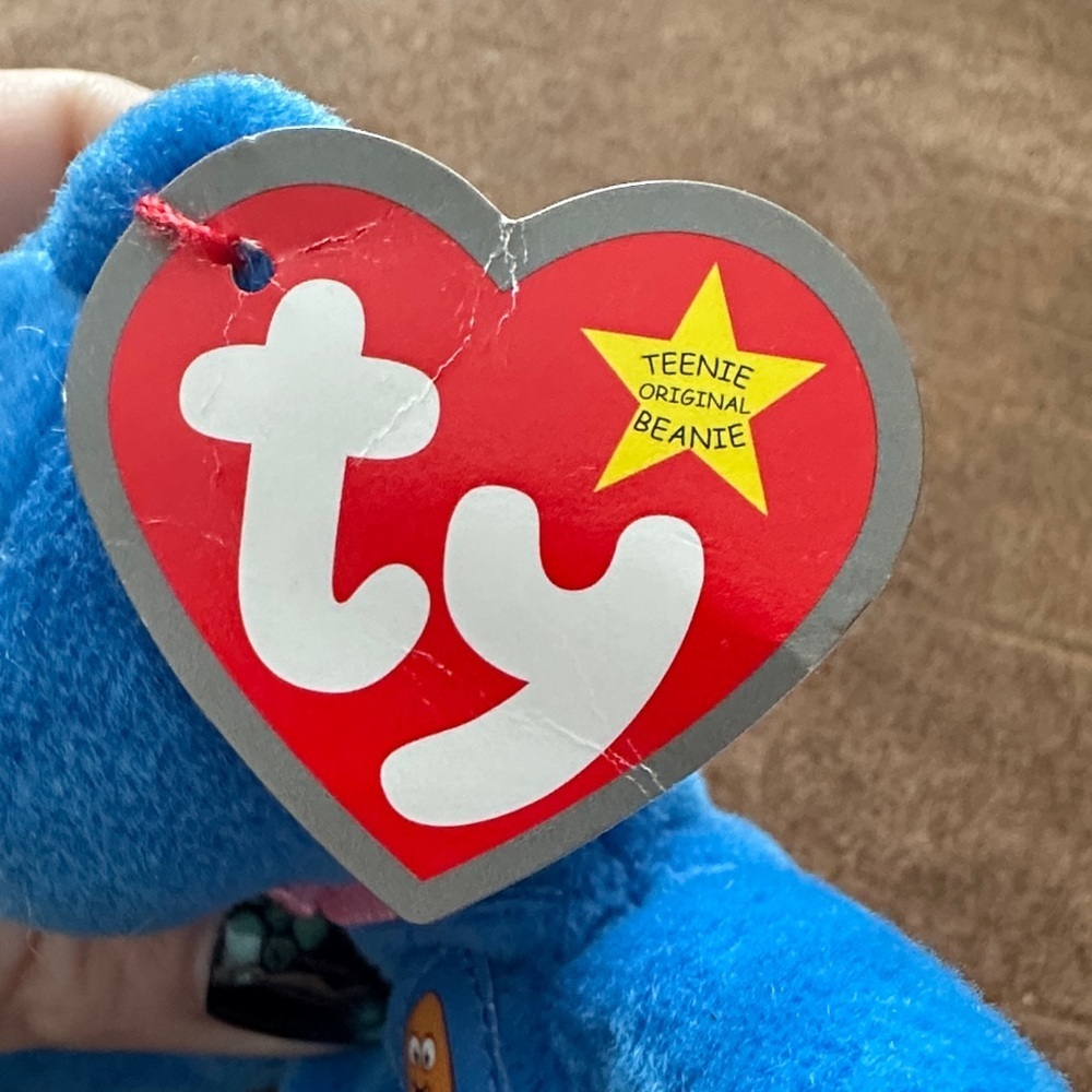 McNugget the Bear Beanie baby Blue Stuffed Bear with Pink Ribbon - Picture 2 of 7